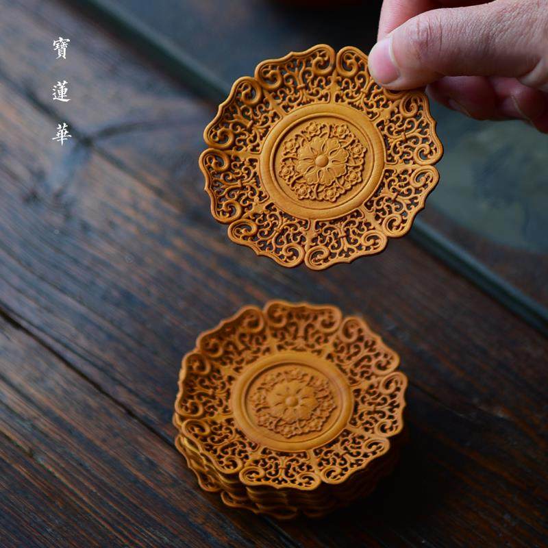 镂空透雕缠枝纹小黄木杯垫茶 叶黄杨杯托 托茶托 托隔热垫YIO茶杨
