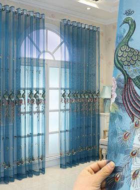 2025新款纱大气刺档奢华绣花窗纱绣帘孔雀中式客厅卧室023500成品