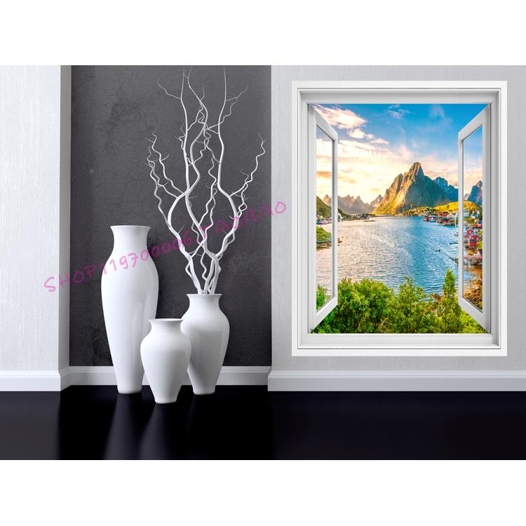 D风窗户墙贴装饰山水贴画假自粘壁纸餐厅卧室四季景海3景背18竖款