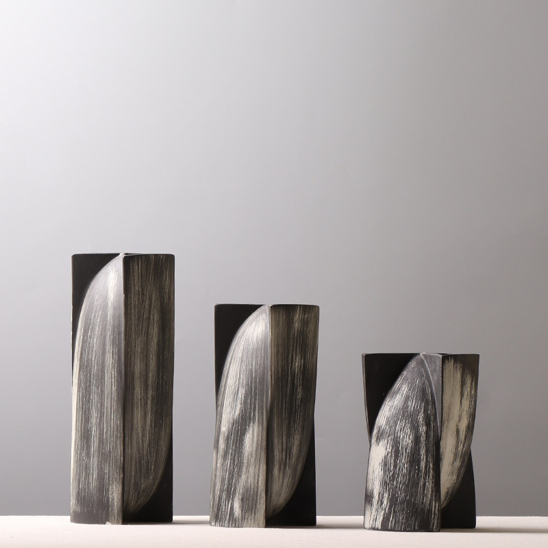 中古手工刮痕陶瓷花瓶复古做旧黑白拼色创意插花装饰摆件茶室书房