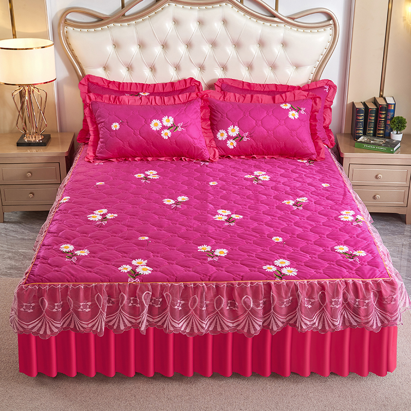 法式绒床裙夹棉加厚冬季保暖水晶绒床罩单件欧式蕾丝防滑床套床盖