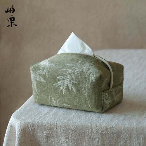 屿栗新中式绿色系水墨竹叶纸巾套布艺车载家用装饰纸巾盒茶艺纸套