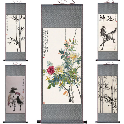 徐悲鸿马到成功牡丹花鸟竹子挂画卷轴水墨画酒店靠山背景画丝绸画