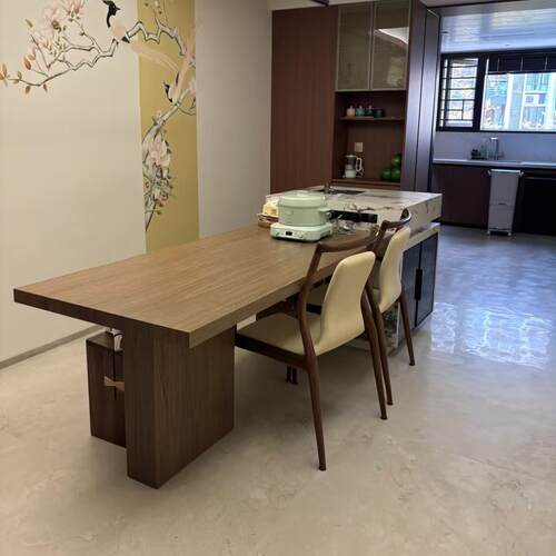高端木纹全岩板岛台餐桌一体可伸缩小户型别墅客厅厨房中倒台吧台