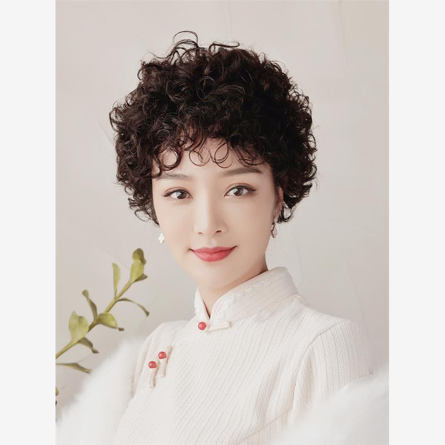 假发女中老年女士假发真发全真人发羊毛卷假发女士整顶头套真发丝