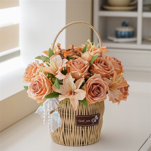 仿藤编手提编织花篮假花花束收纳篮婚礼插花家用装 饰篮子仿真花