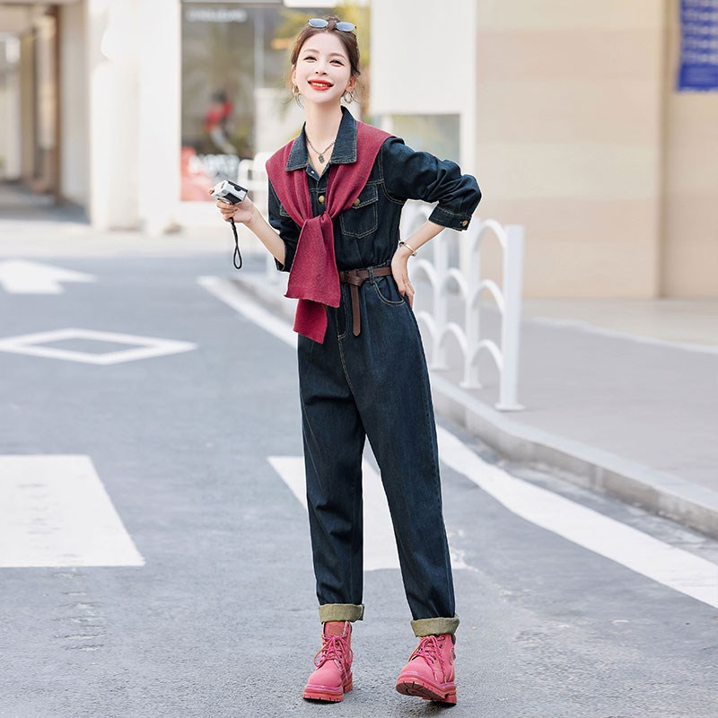 安哥拉红色披肩牛仔连体裤2025新款工装连体衣女春秋套装小个子潮