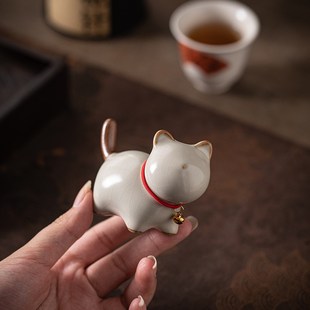 记今朝 汝窑茶宠摆件精品可养开片小猫小狗可爱茶玩茶桌禅意摆设