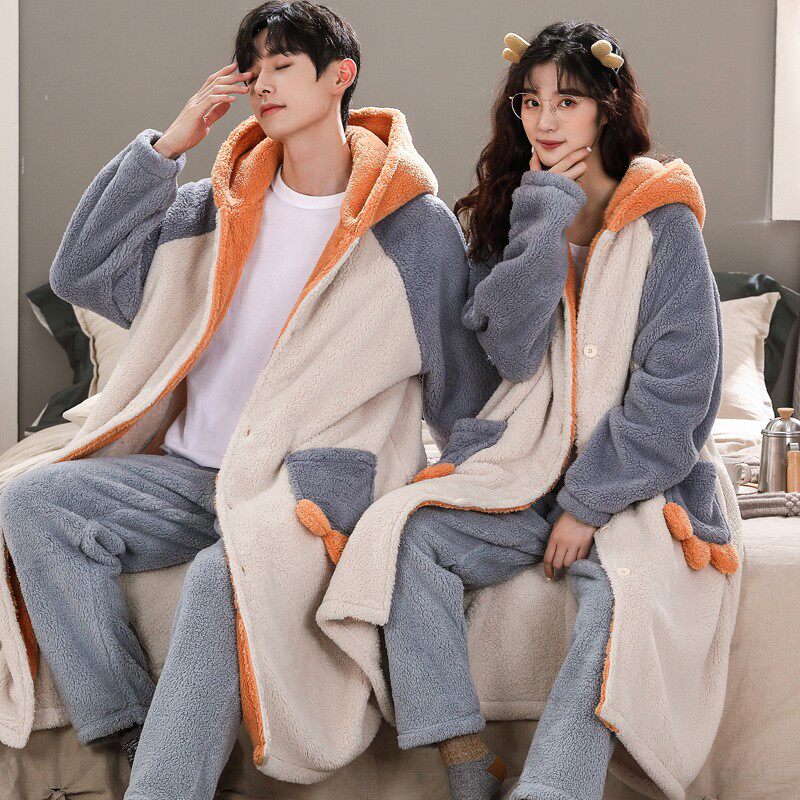 珊瑚绒秋冬季加厚睡袍情侣法兰绒男士长款大码浴袍女加绒可爱睡衣
