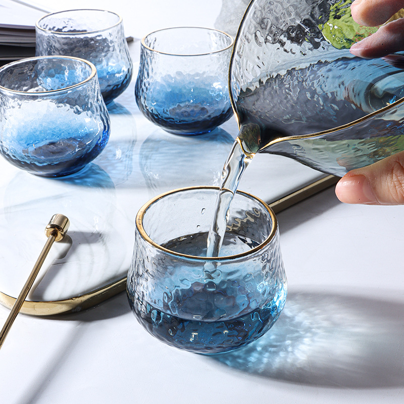 渐变蓝玻璃公道杯小茶杯加厚倒茶分茶器耐热公杯日式锤纹茶具套装