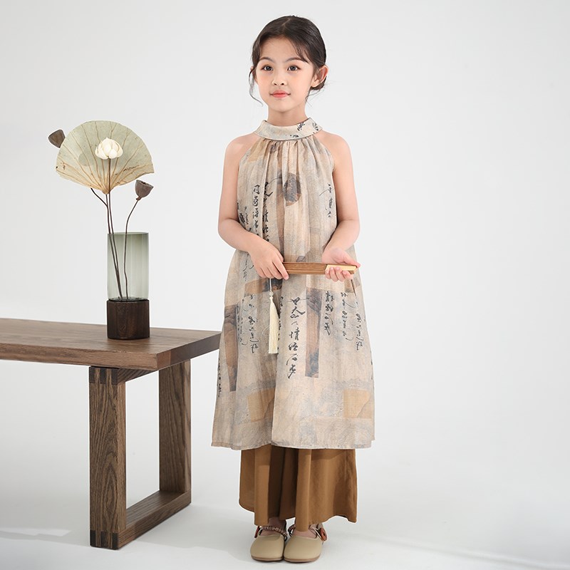 新中式女童旗袍裙中长款改良版汉服中国风2024夏季新款飒气裙子