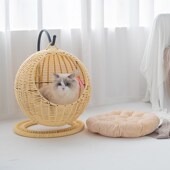 吊篮猫窝四季 通用杏色藤编猫屋夏天网红帐篷半封闭凉窝可拆洗房子