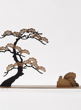 新中式创意金属迎客松摆件家居玄关装饰办公室会客室端景台工艺品