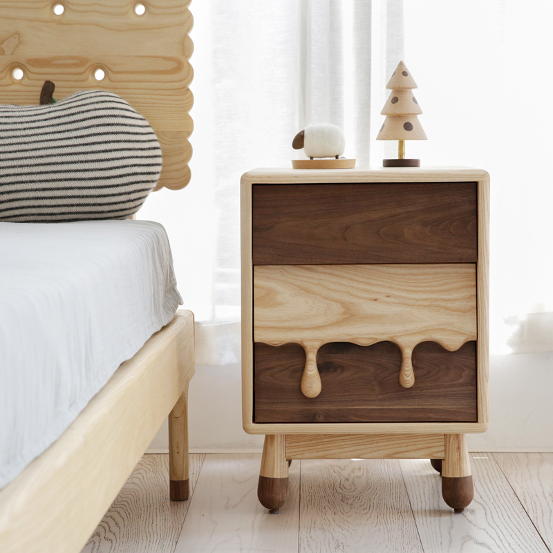 上形孩在 牛奶床头柜新版 收纳柜边柜硬枫木黑胡桃环保儿童全实木