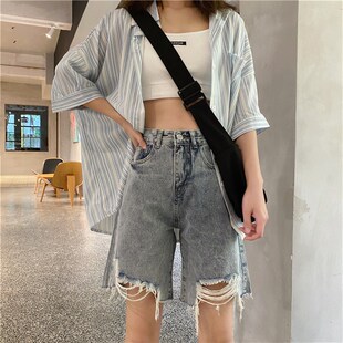 大码高腰破洞牛仔短裤女夏装2021新款胖妹妹MM显瘦直筒五分阔腿裤