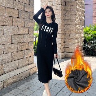 秋装长款卫衣裙女过膝秋冬连帽大码显瘦宽松休闲长袖高个子连衣裙