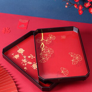 托盘长方形塑料密胺结婚婚庆水杯茶盘红色洗漱用品高脚收纳盘家用