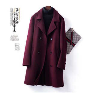 毛呢大衣男中长款过膝秋冬款加厚英伦风羊毛双面呢外套双排扣风衣