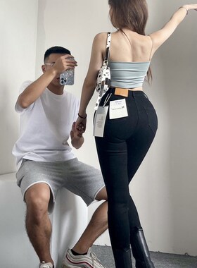 显瘦烟灰色高弹力紧身牛仔裤女秋冬加绒高腰小脚裤修身紧身裤裤子