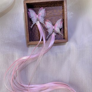 古风仙气薄纱绿色系多层蝴蝶儿童汉服手工中国风发夹飘带流苏配饰