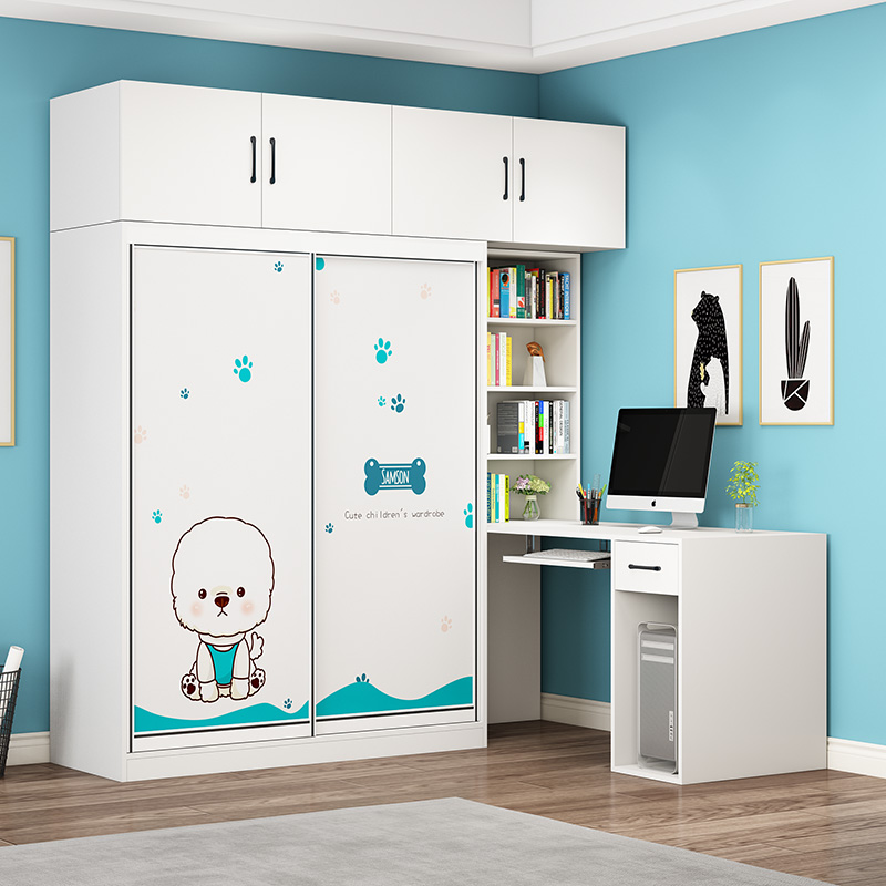 实木推拉门衣柜书柜加书桌一体组合家用儿童学习连体台式带电脑桌