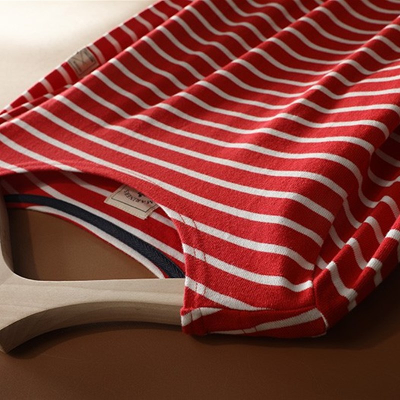 船领大红白条纹T恤女长袖 纯棉厚实横条纹衫打底衫外穿上衣海魂衫