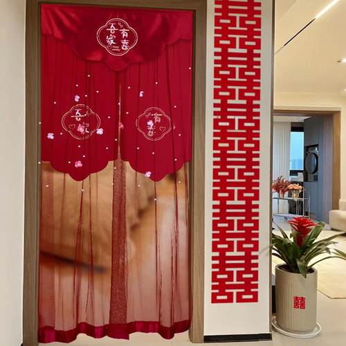 婚房卧室装饰免打孔喜字门帘结婚布置房间门红色喜帘婚庆用品大全