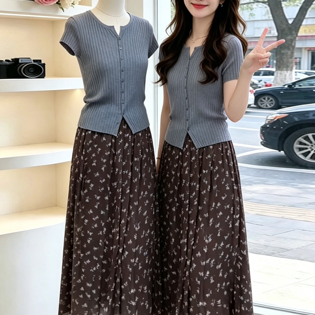 玉美雅【旗舰精选套装】夏季温柔风气质通勤坑条短袖印花半身裙