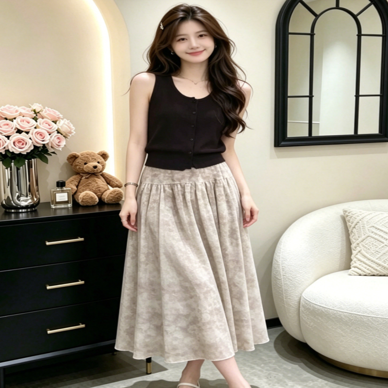 【源头工厂套装】夏季新款chic淑女ins背心精致遮肉印花半身裙