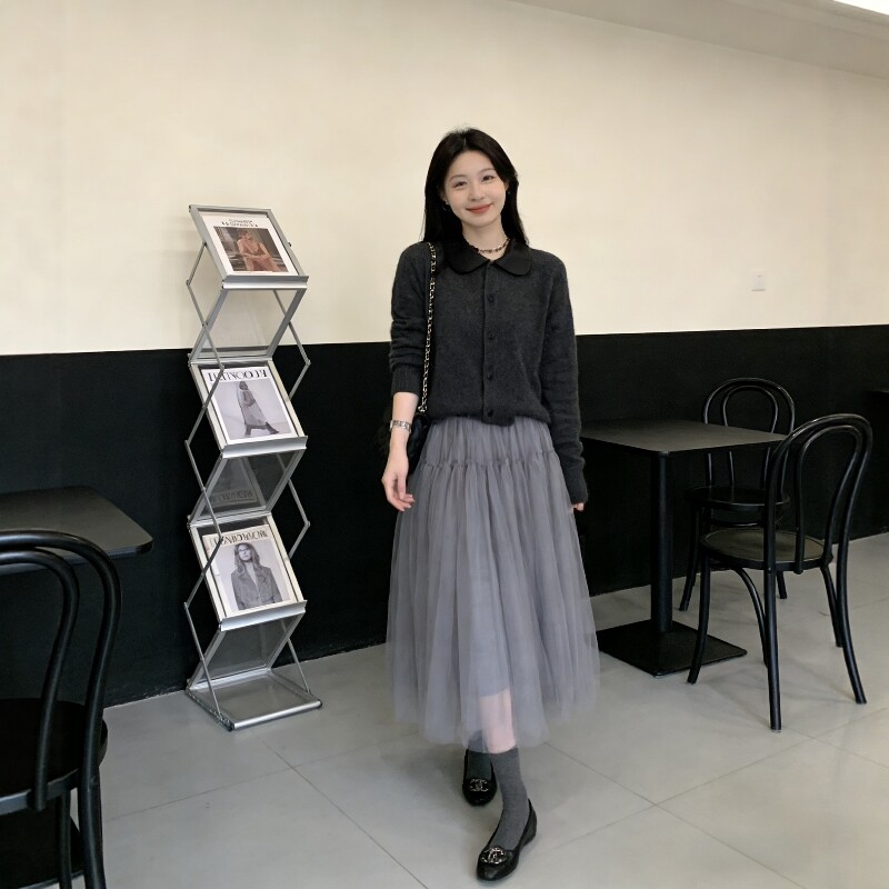 玉美雅【旗舰精选套装】秋冬新款气质撞色韩版上衣超仙网纱半身裙