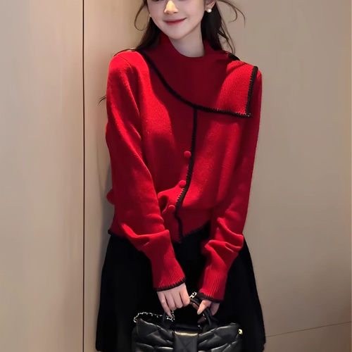 玉美雅秋冬新年红撞色百褶裙套装