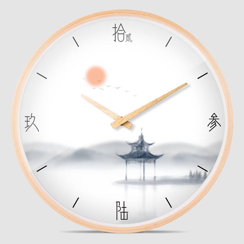 10寸12寸实木边框挂钟客厅卧室静音时钟桦木新中式中国水墨画钟表