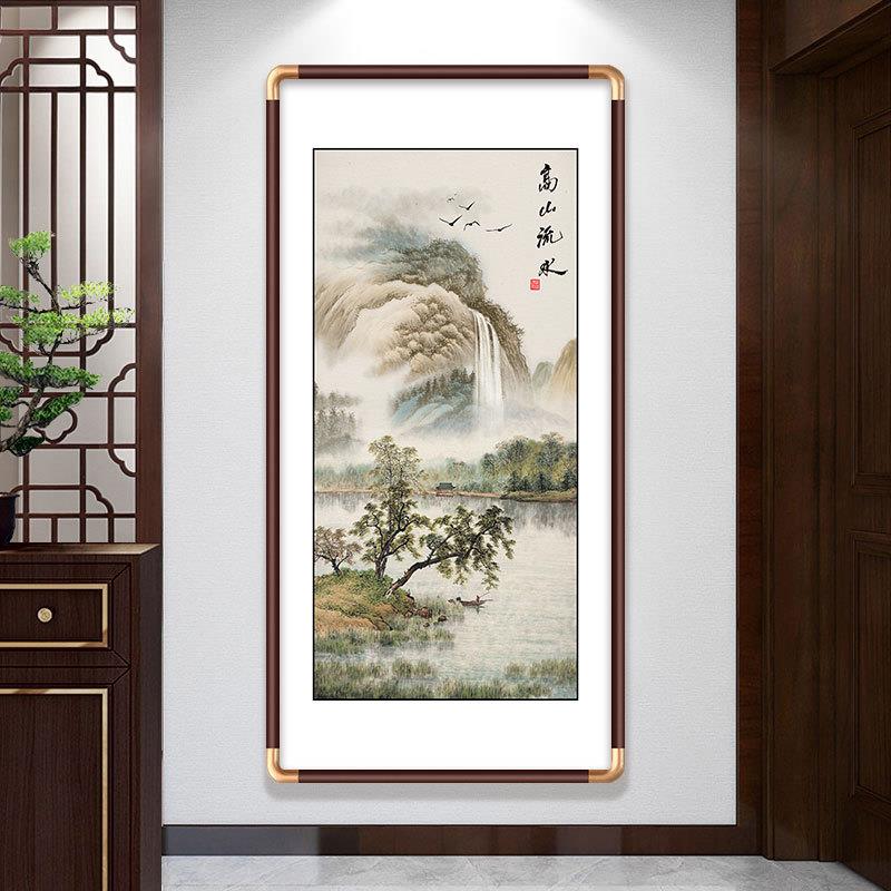 新中式玄关装饰画中TIY式实木榫挂角壁画入户进圆门墙过卯道迎客