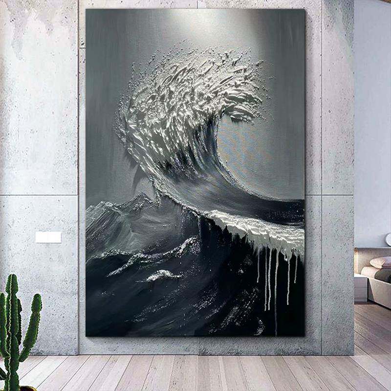 客入画门玄关肌理厅手绘油画石英立砂体黑色海浪挂画样AAN板房落