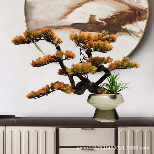 新中式复古花松瓶插花松叶装客陶厅1147桌面瓷花器仿真绿植迎客套