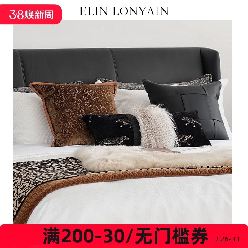 珑衍家居现代简约咖色系床品靠垫抱枕搭毯样板房别墅卧室方枕腰枕