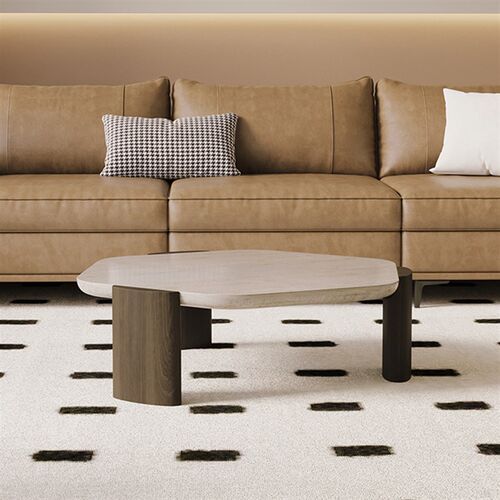 中古风大理石洞石茶几 设计师款样板房小户型客厅实木咖啡桌茶桌