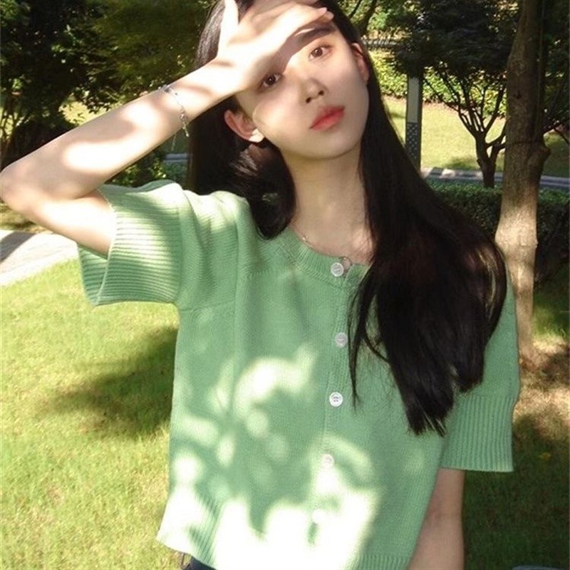 薄荷曼波绿色针织短袖上衣女夏季小个子薄款修身正肩短款冰丝t恤图片