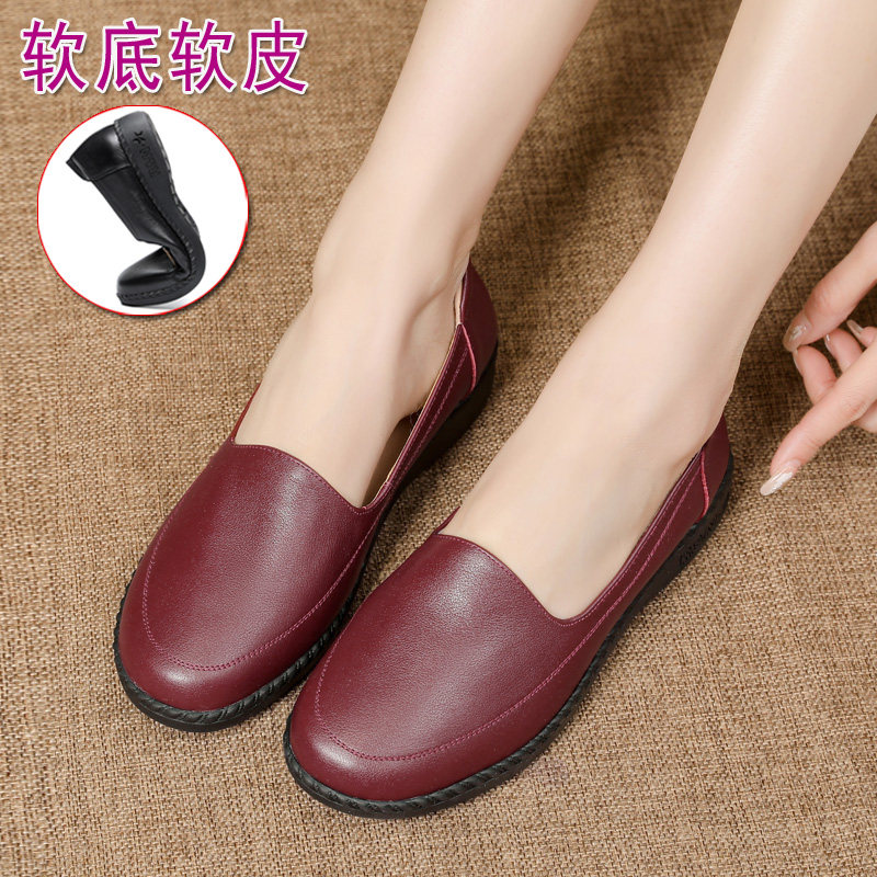 闰月妈妈鞋子酒红色中老年女鞋真皮平底单鞋软底防滑软皮舒适皮鞋,女鞋,浅口单鞋,淘宝优惠券,粉丝福利购,淘宝优惠卷