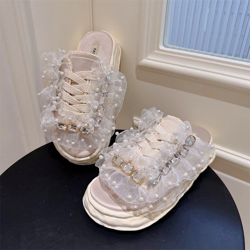 夏季甜美公主风蕾丝花边懒人鞋软底平跟防滑一字拖鞋布面休闲凉鞋,女鞋,一字拖,淘宝优惠券,粉丝福利购,淘宝优惠卷