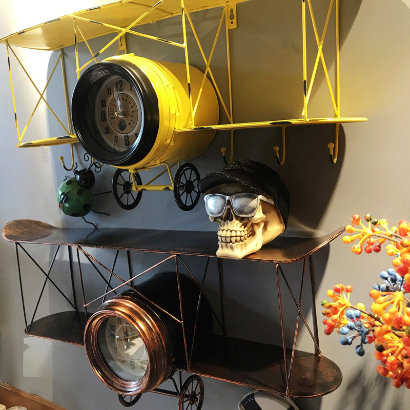 北欧风铁艺个性飞机造型壁挂客厅咖啡厅置物架壁饰挂钟创意装饰