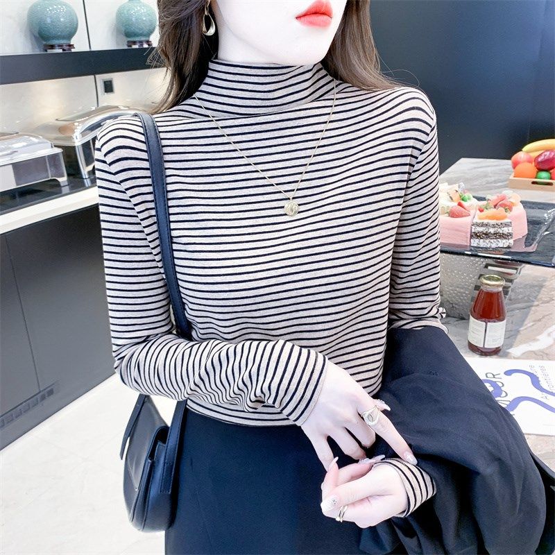 纯棉半高领黑白条纹打底衫女长袖T恤秋冬新款套头修身内搭上衣潮