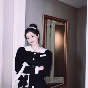 YIYI WANG 果然是甜妹~黑白拼色羊毛双面尼大衣女鱼尾半身裙套装