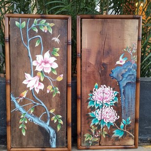 风化木板挂画中式禅意茶室农家院装饰手绘复古墙面装饰壁饰挂件创