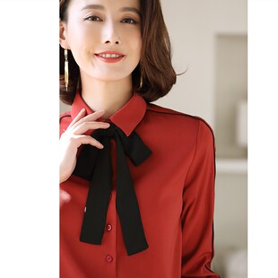 红色蝴蝶结衬衫女长袖时尚洋气复古雪纺系带衬衣2021打底职业上衣