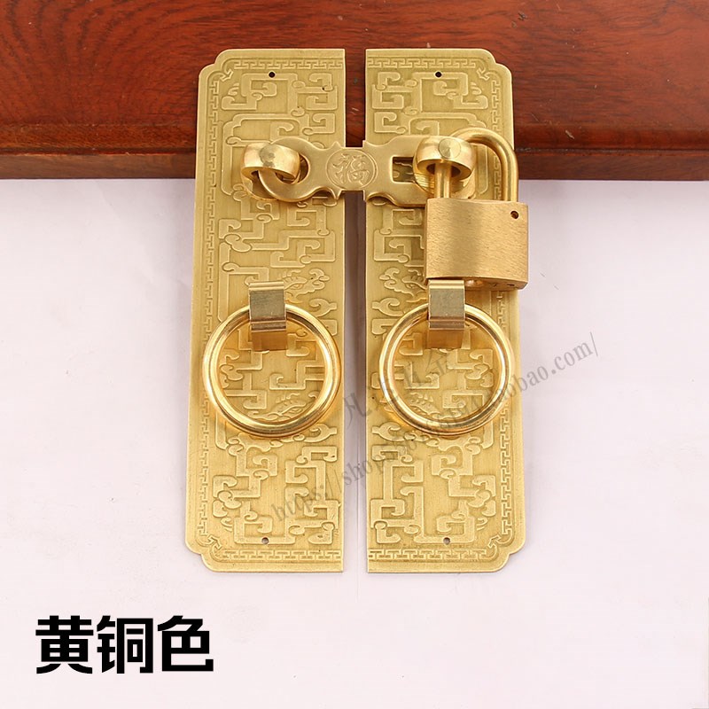 新中式纯铜木门门拴锁搭老式黄铜门把手仿古庭院花格大门拉手门锁