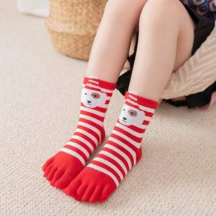 圣诞儿童五指袜纯棉中筒秋冬男童本命年红色分趾袜女童矫正脚趾袜