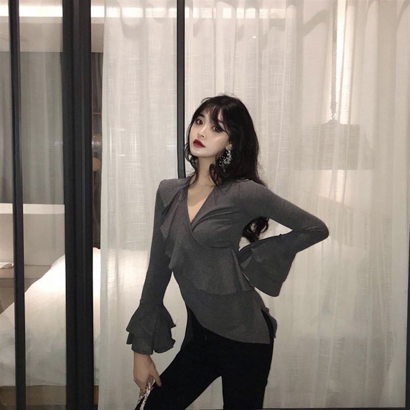 荷叶边V领显瘦T恤女新款双层喇叭袖长袖上衣百搭气质舞蹈服大码女