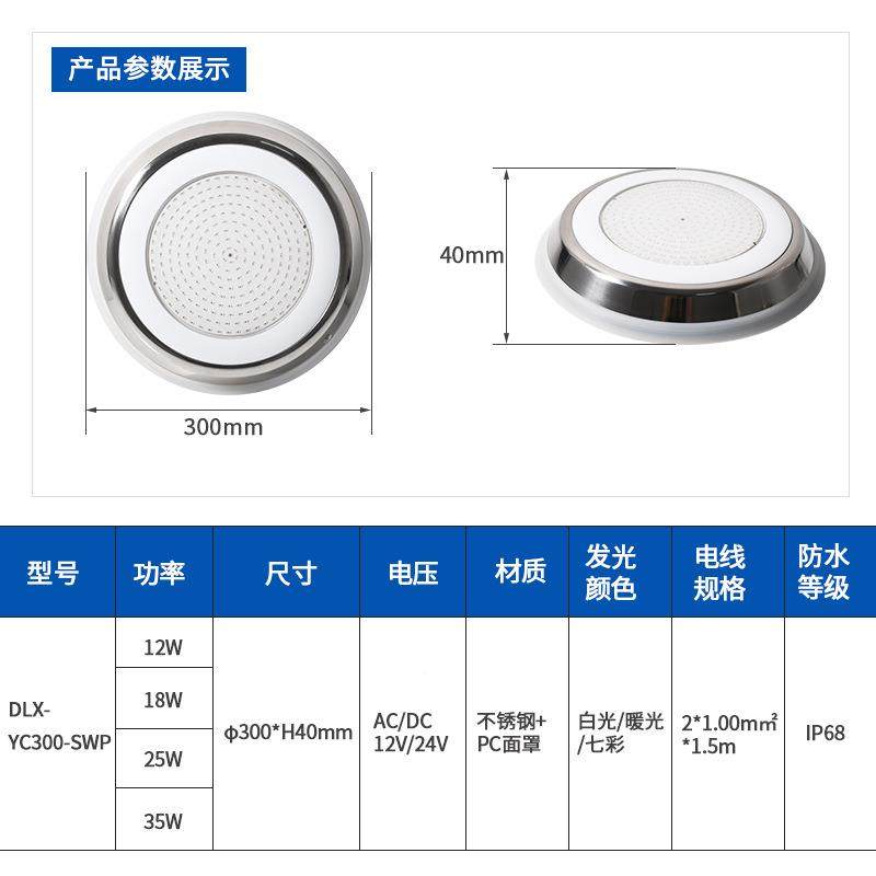 防水I68不锈钢底泳DLX-YC30池灯壁挂式树脂水下P12V灯RGB遥控七彩