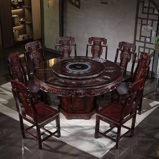 实式 木573餐桌全椅组合中胶木橡圆形饭桌带转盘家用仿古雕花10人